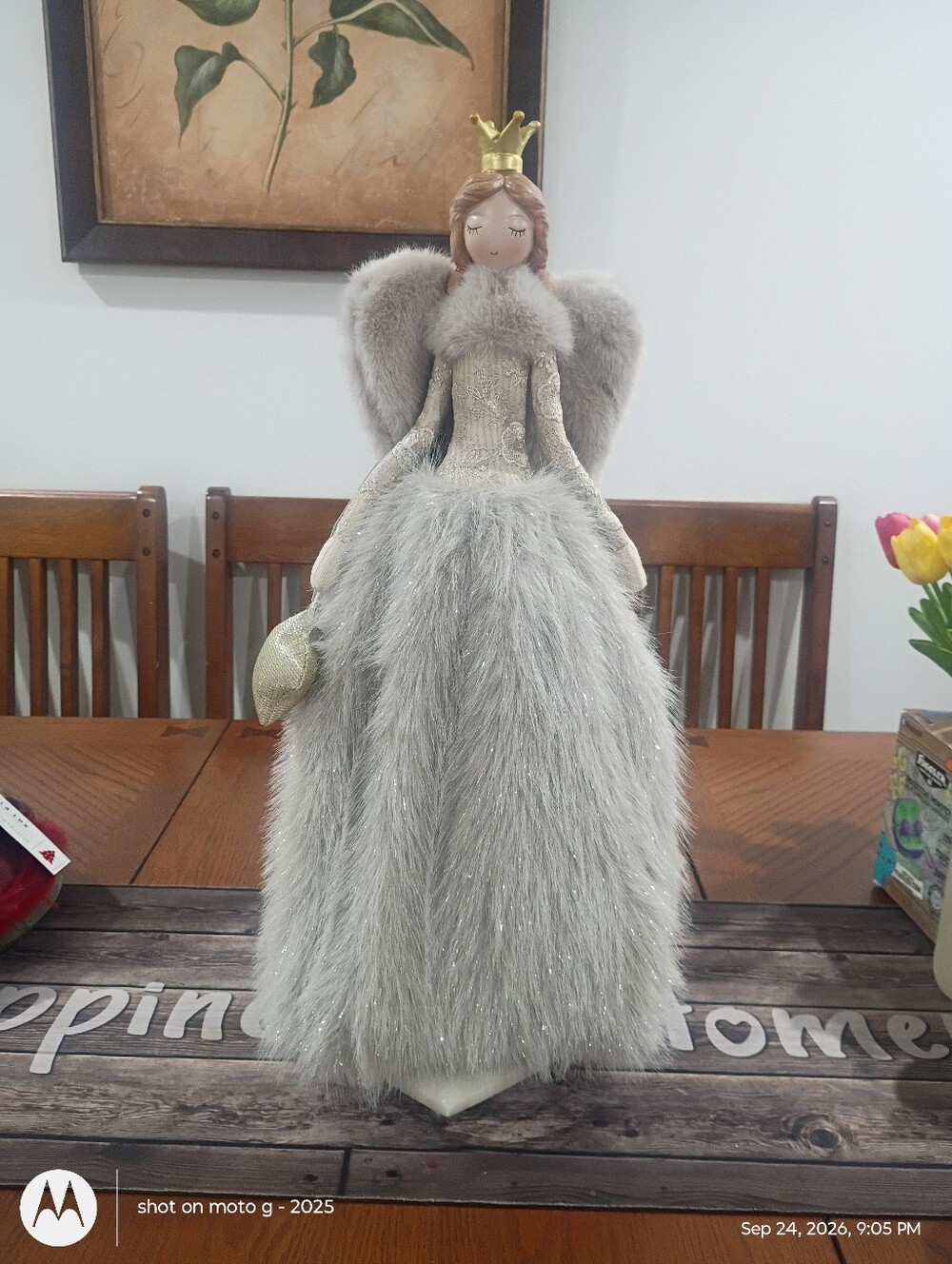 Bella Lux Elegant Gray Angel Figurine with Crown - Home Accent 20"
